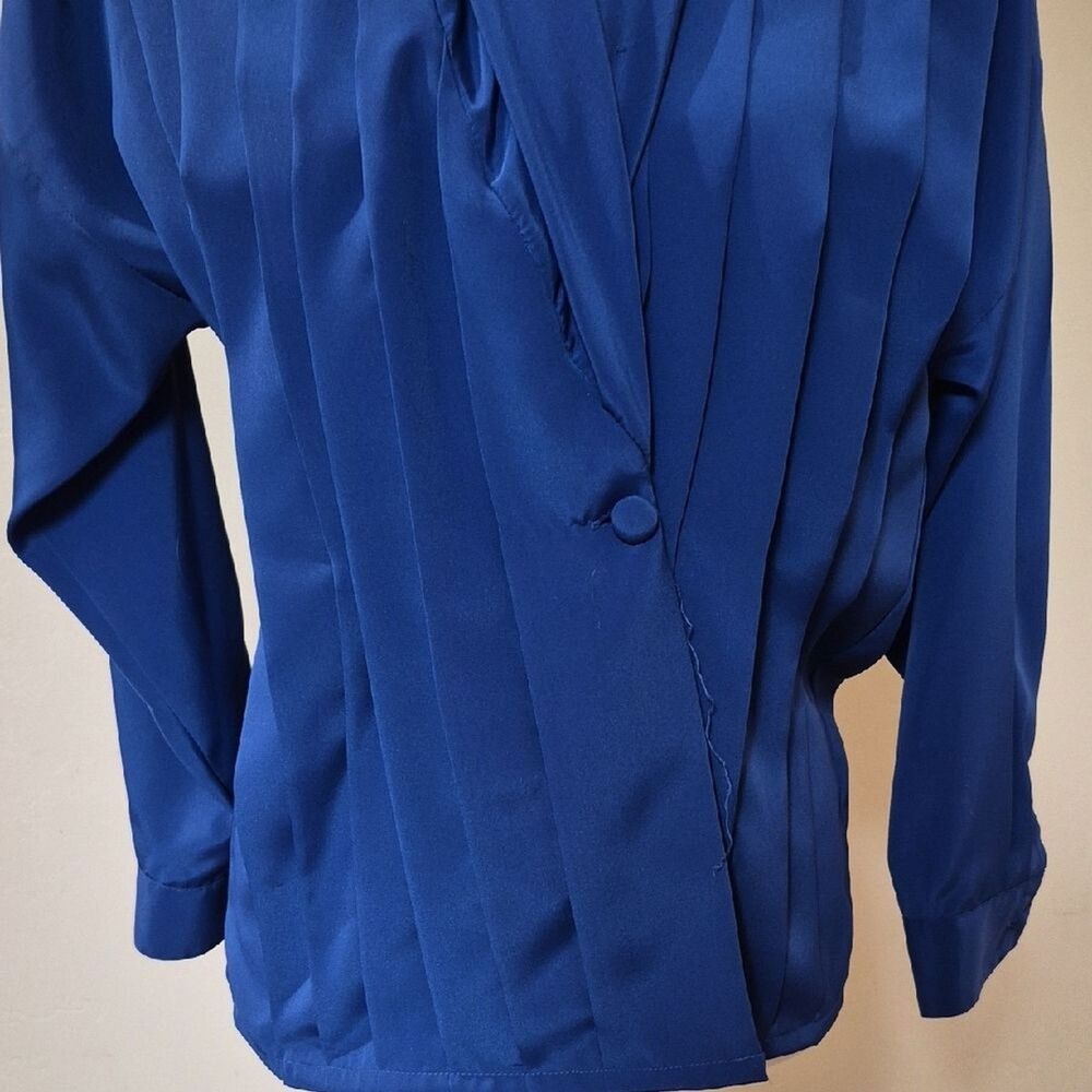Vintage Marlis 80s Padded Shoulder Blouse Royal Blue Wrap Top Petite Small PS 90 - Picture 5 of 13